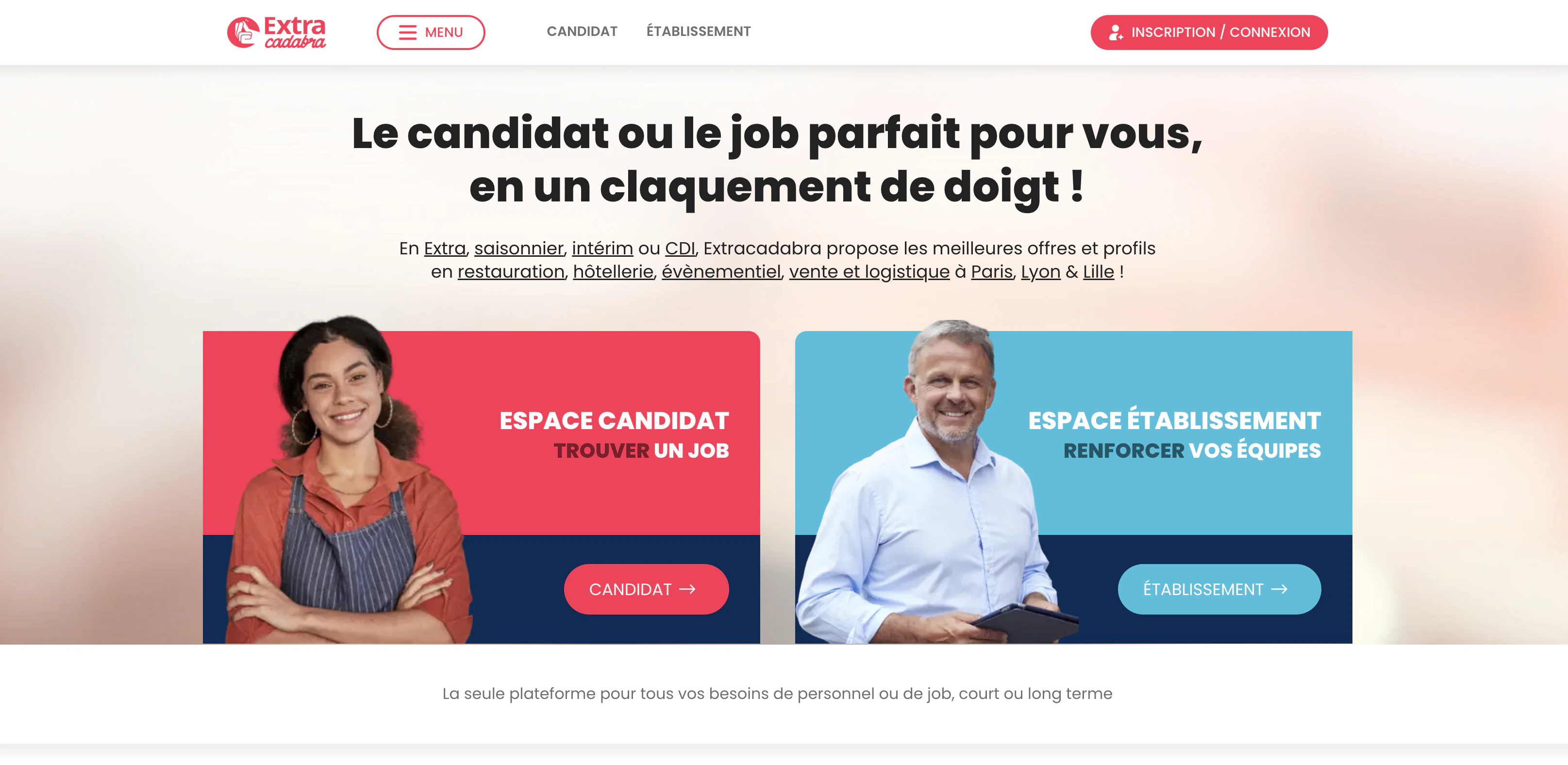 Extracadabra homepage presenting the areas for candidates and businesses