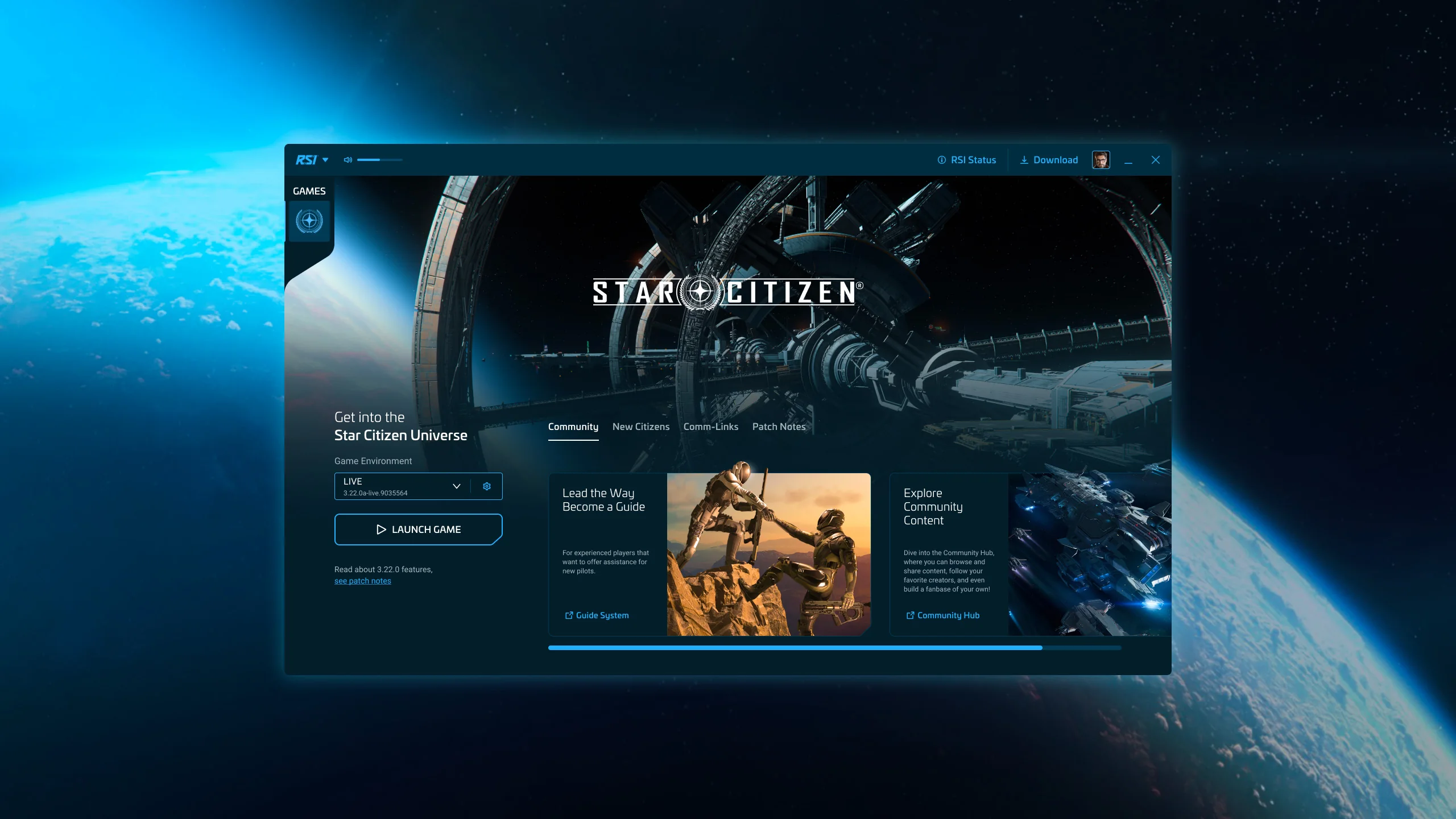 Dark RSI Launcher 2.0 interface with navigation and the game launch button
