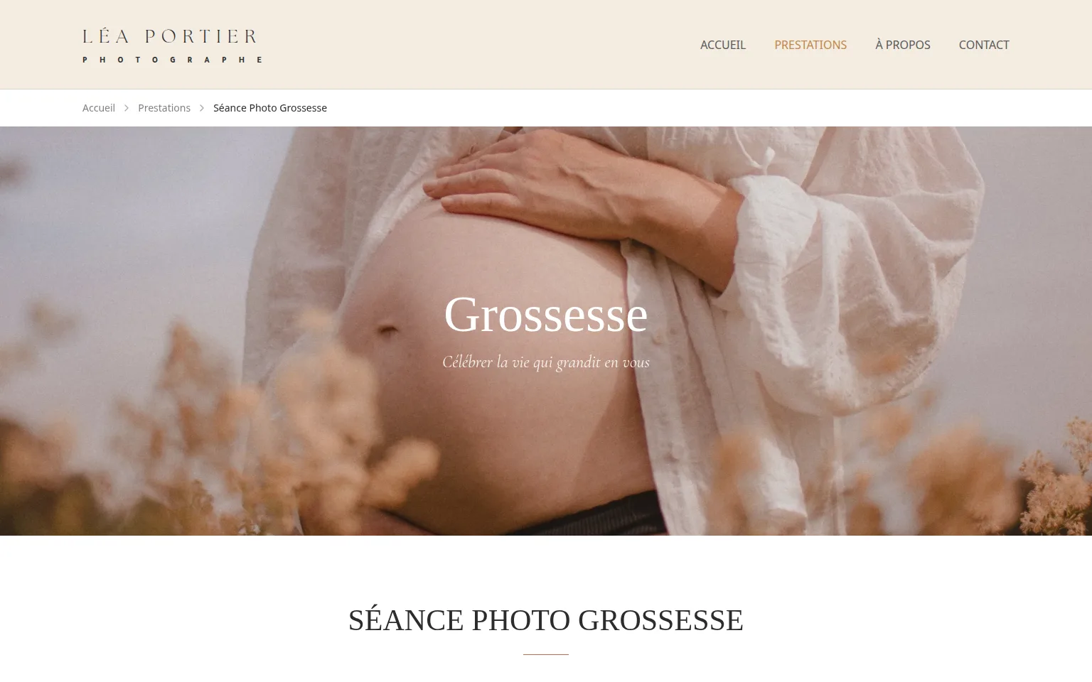 Maternity session page with hero, title, and opening copy
