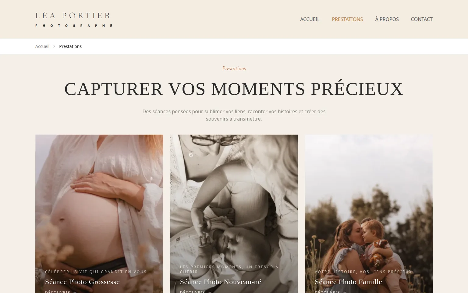 Services hub with three cards for maternity, newborn, and family sessions