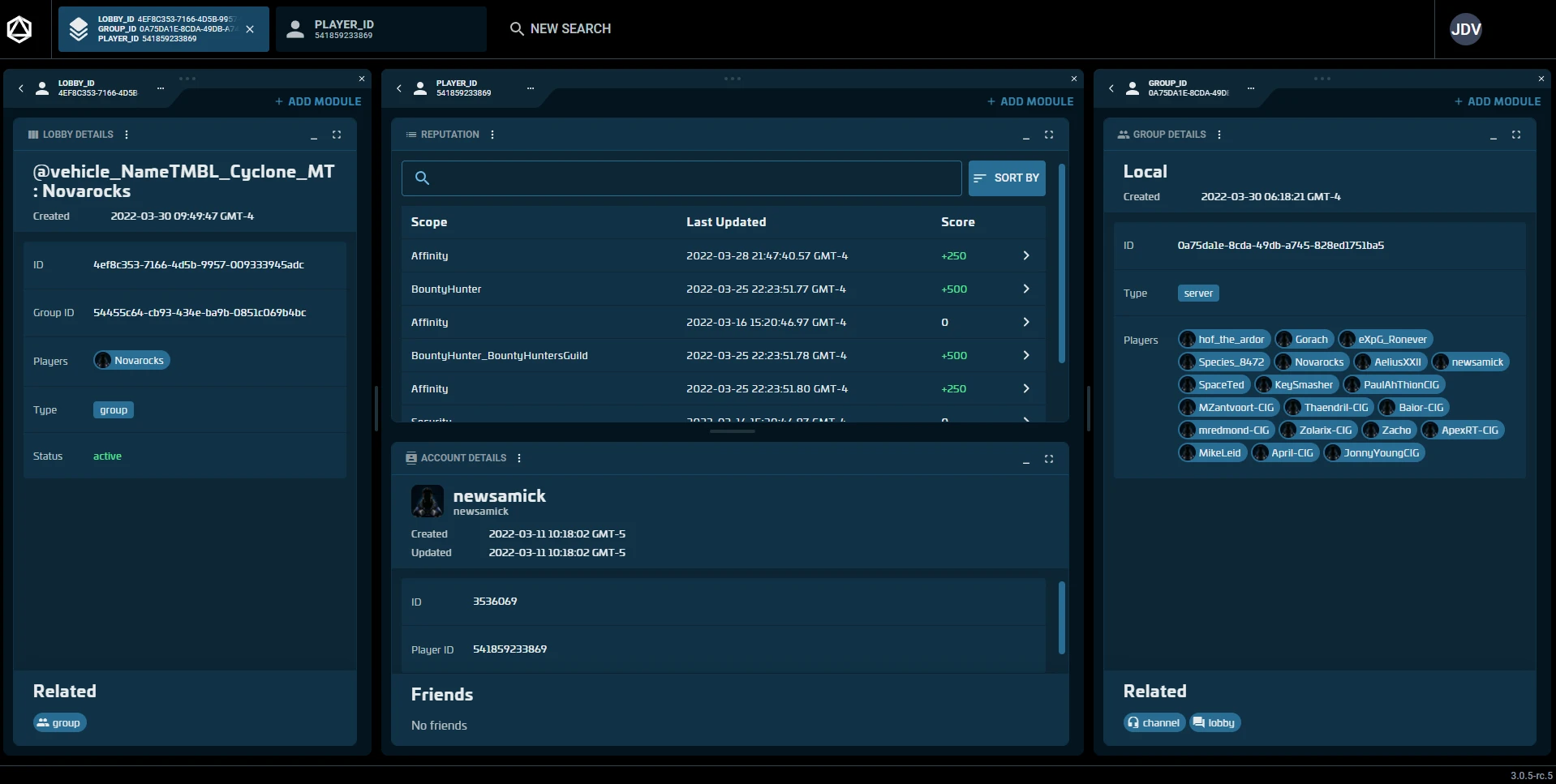 Live Tool showing lobby, player, and group contexts side by side