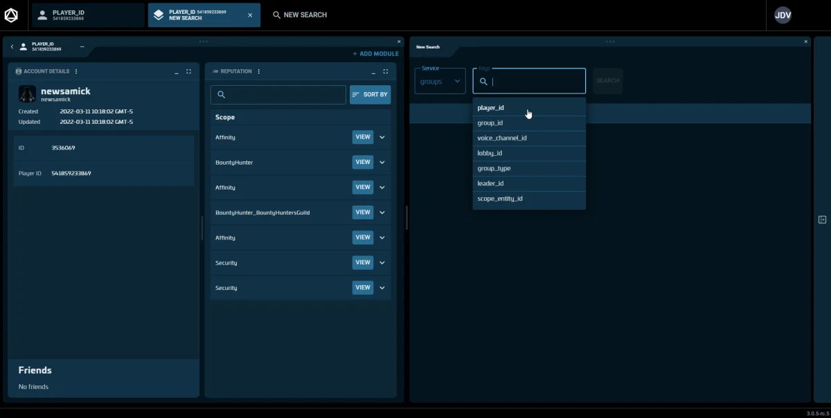 Live Tool with a player profile and a search for a new data source