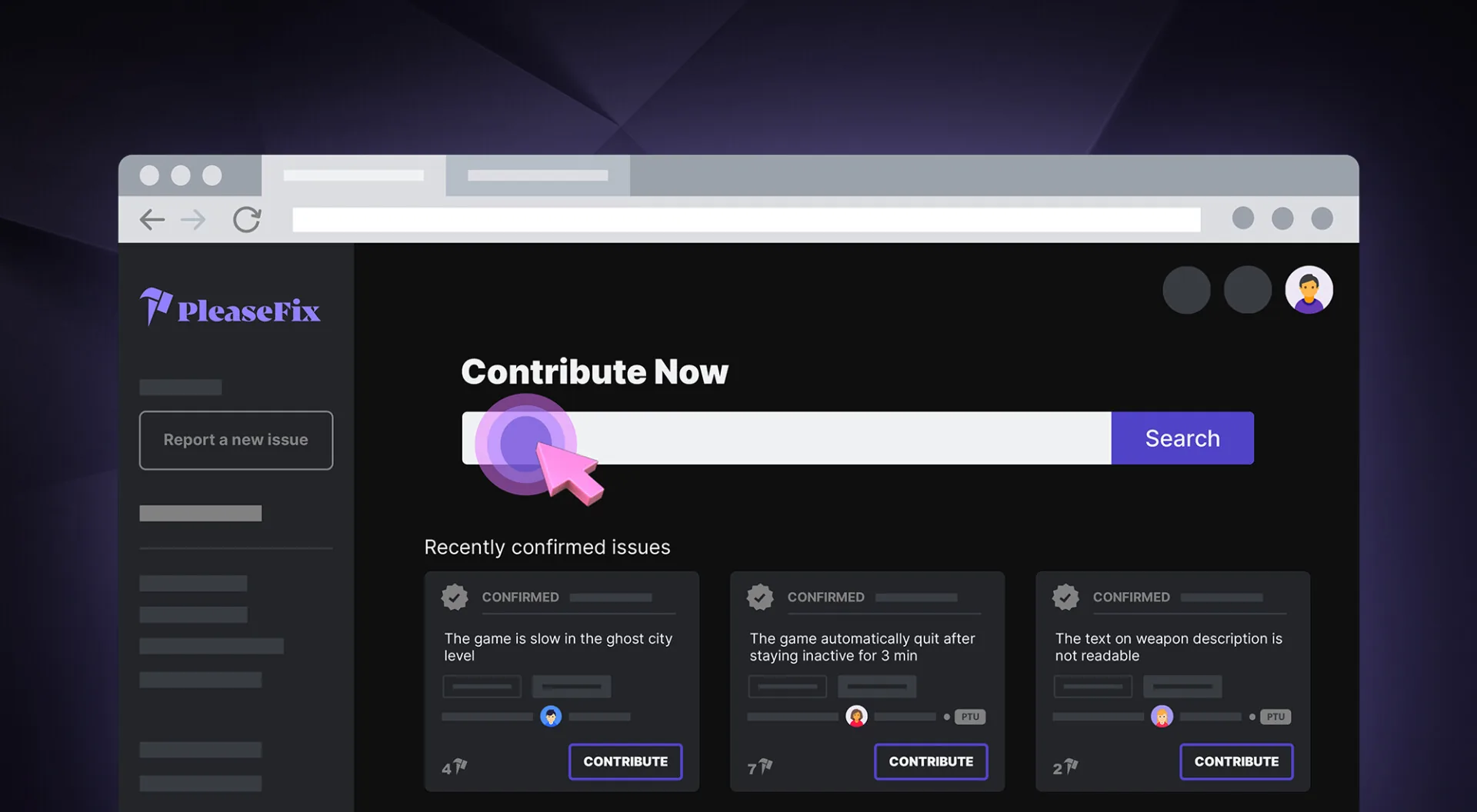 PleaseFix interface with search, reporting, and community contribution cards