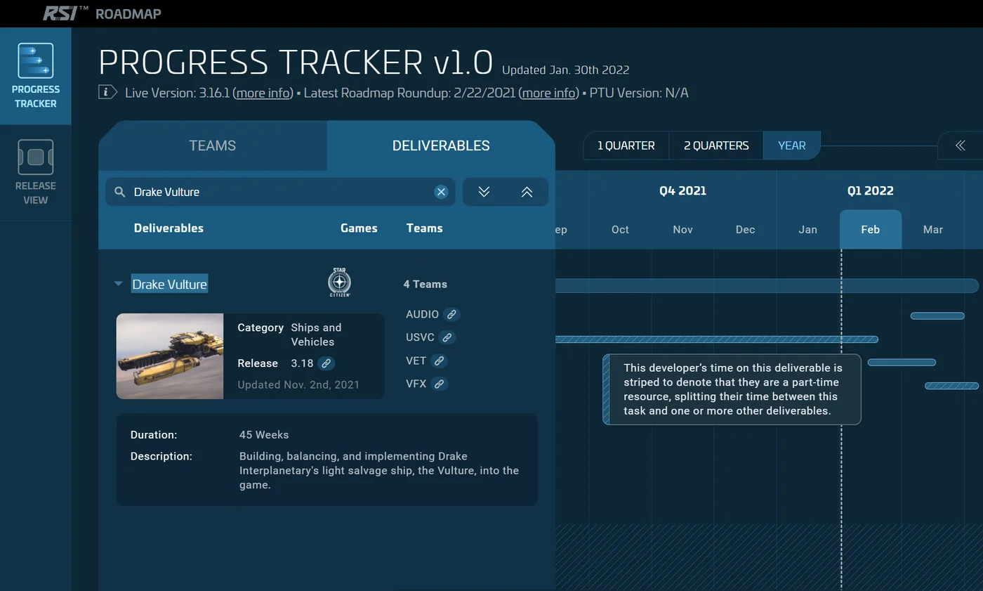 Expanded deliverable details with associated teams in the Progress Tracker